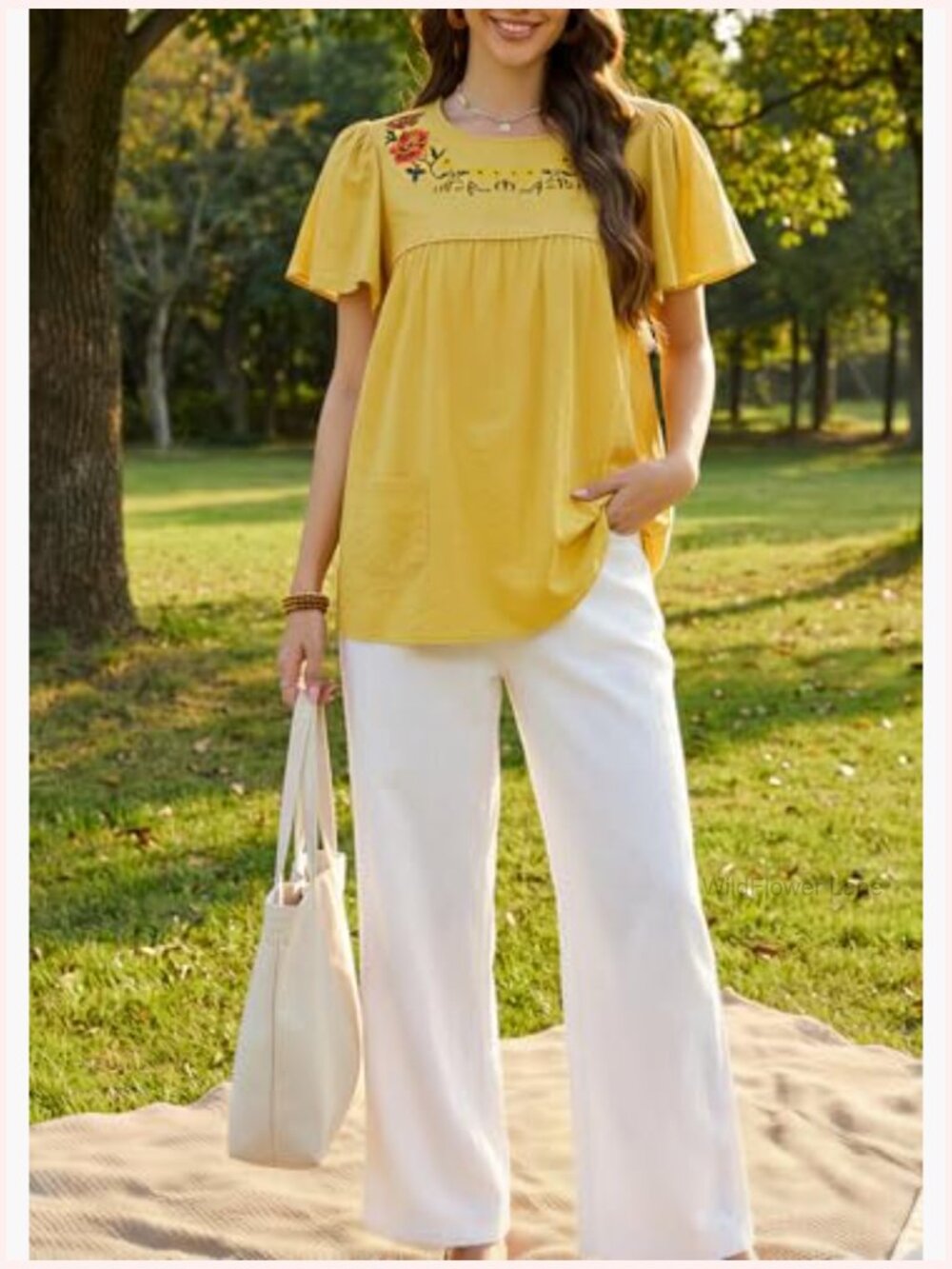 Boho Floral Embroidered Tunic Top Short Sleeve Crewneck Blouse Casual Summer - Picture 5 of 7